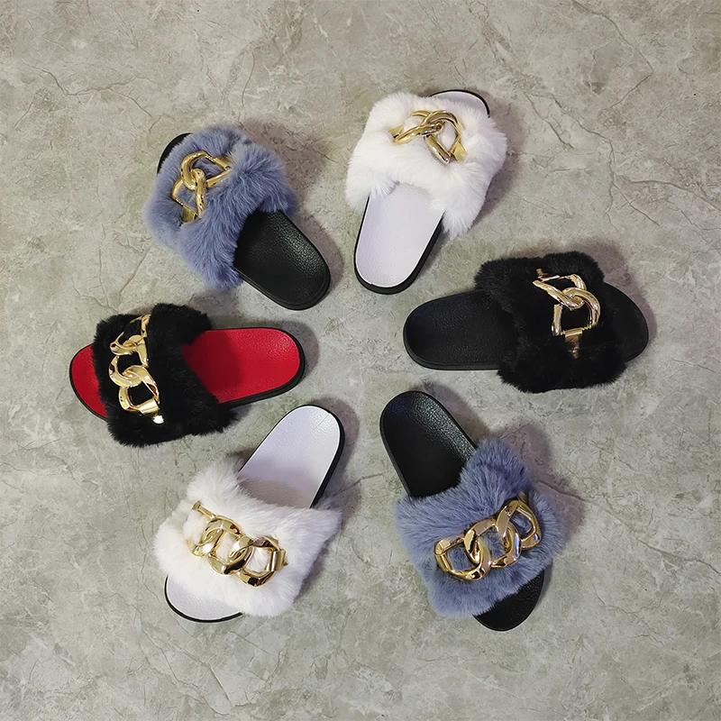 

Autumn Hot Sale Cheap Indoor Comfortable Fur PVC Slide Chain Buckles Ring Fur Slides Slippers, Colors
