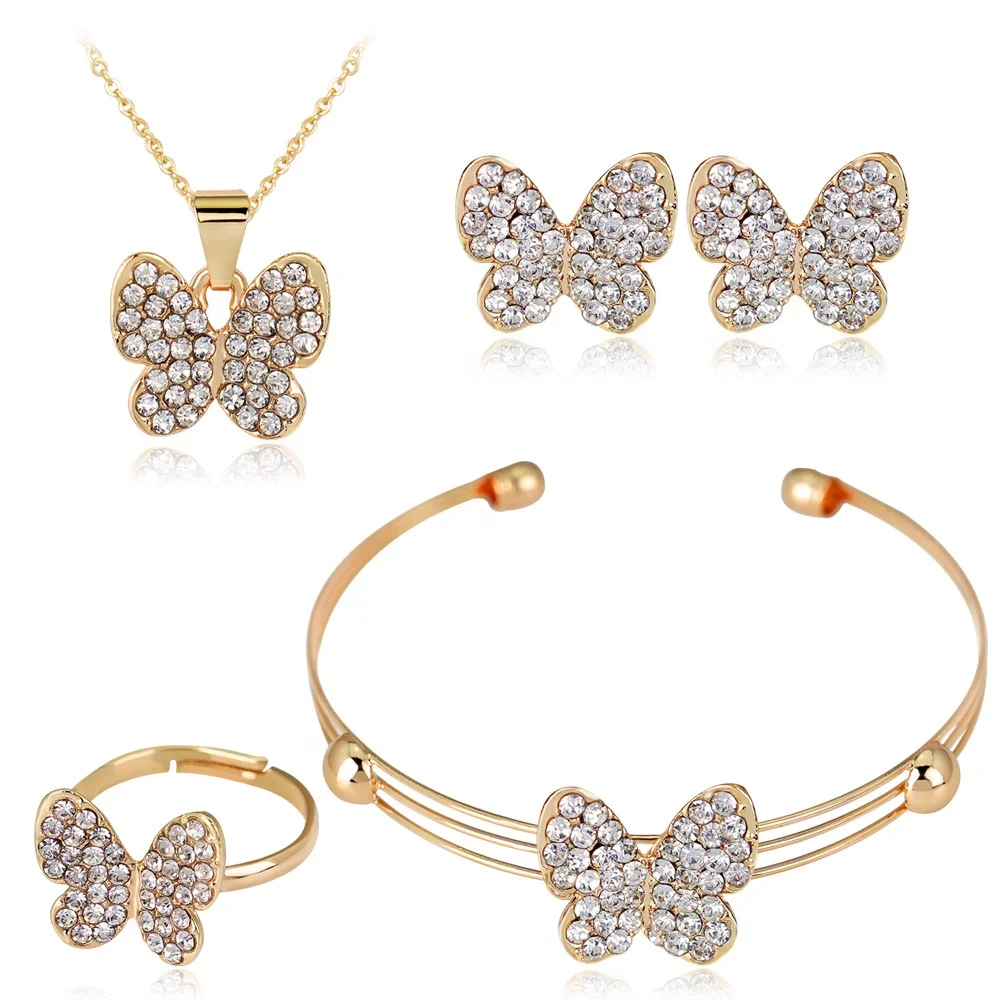 

Hot-selling new necklace set gypsophila inlaid with diamonds butterfly necklace earrings ring and bracelet four-piece set