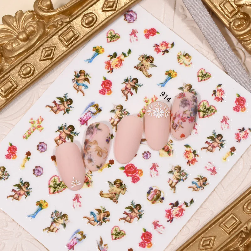 

2021 New Nail Arts Designs Cupid Love 3D Gel Nail Decals Rose Flower Goddess DIY Manicure Tips Adhesive Angel Nail Stickers