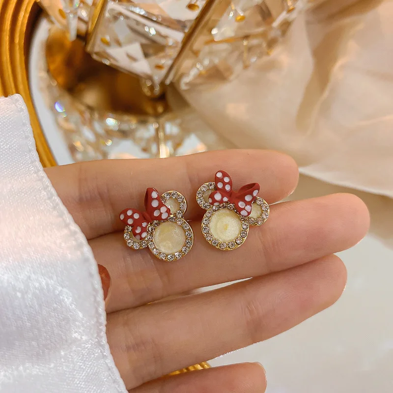 

Diamond-Studded Bow Mickey Head 925 Silver Needle Earrings Women Small Mouse Earrings Stud Earrings