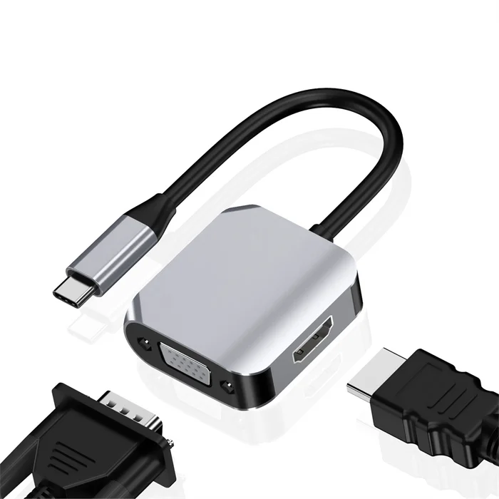 

New Design USB C to HDMI VGA Adapter 2 in 1 Hub USB3.0 Type C to 4K30Hz HDMI 1080P30Hz VGA, Silver