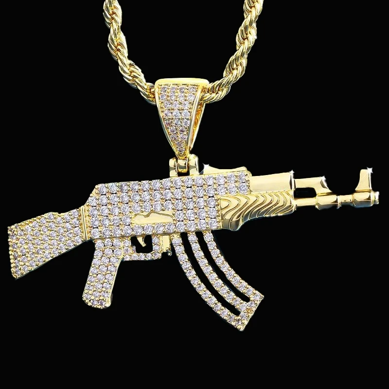 

KRKC Hip Hop Jewelry 14K Gold Plated AK47 Gun Pendant Chain Necklace uzi Gun Pendant Man Womens Charm Gold Gun Necklace for Men