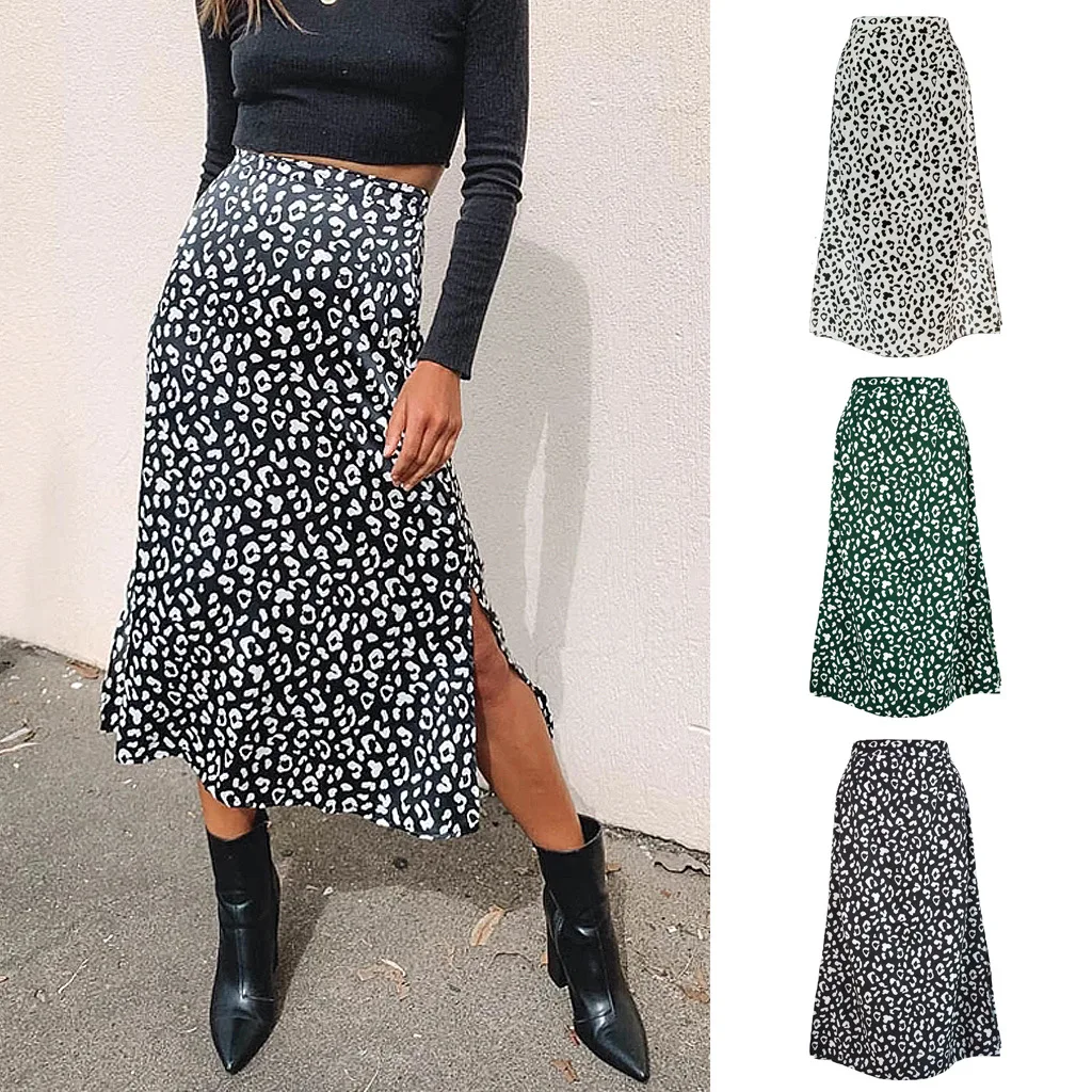 

Fashion Summer Split Printed High Waist Midi Pencil Chiffon Long Women's Skirts, White, black, green