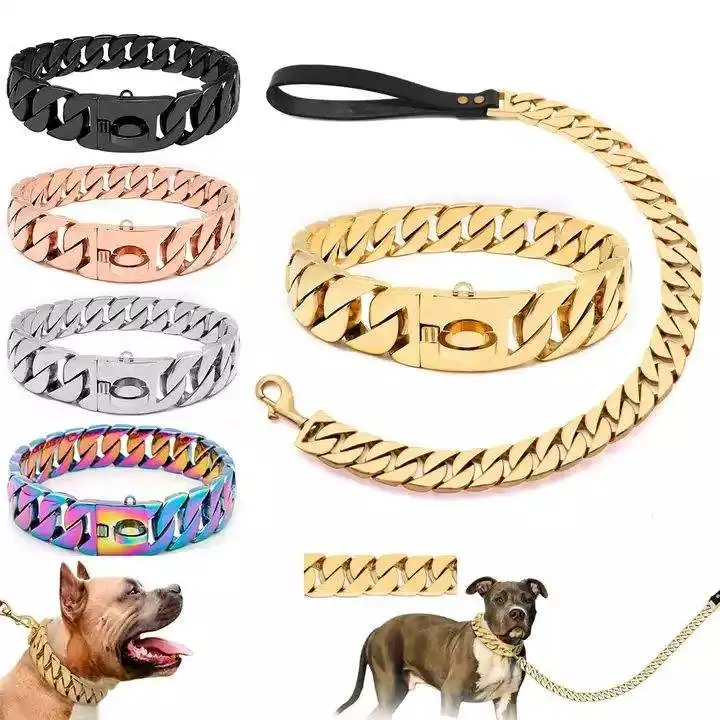 

Customized Dog collar Gold Big Dog Chains Pet hip hop leads kit collars choke necklace Leash Bully link Cuban dog Chain Collar