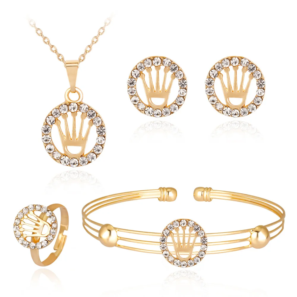 

New Design 4PCS Set Crystal Rhinestone Round Necklace Earrings Ring Bracelet Hollow Crown Jewelry Set