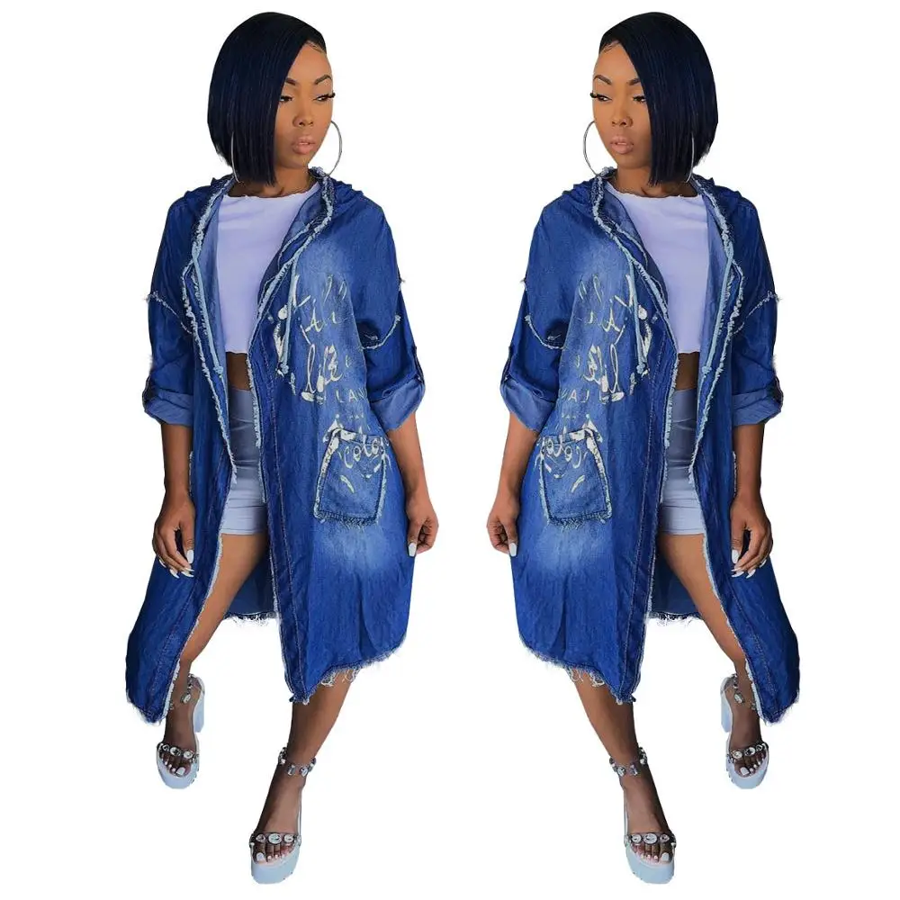 200109-BD2 autumn casual hooded long denim girls coats