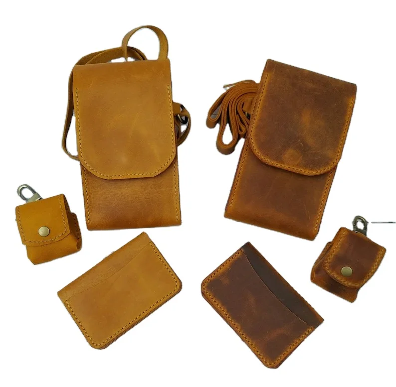 

2021 100% crazy horse premium leather carry-ons combo kit earphone case sling bag wallet phone card holder