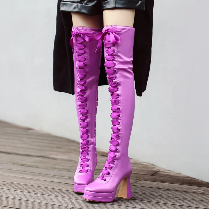 

Big Size Soft Silk Upper Square Toe High Strange Chunky Heel Women Thigh High Booties Platform Side Zipper Over Knee High Boots