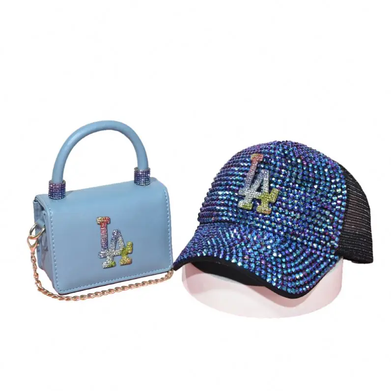 

2021 Spring LA Rhinestone Hat Color Diamond Portable Diagonal Bag Wallet Designer Wallet and Hat Set, Customized color