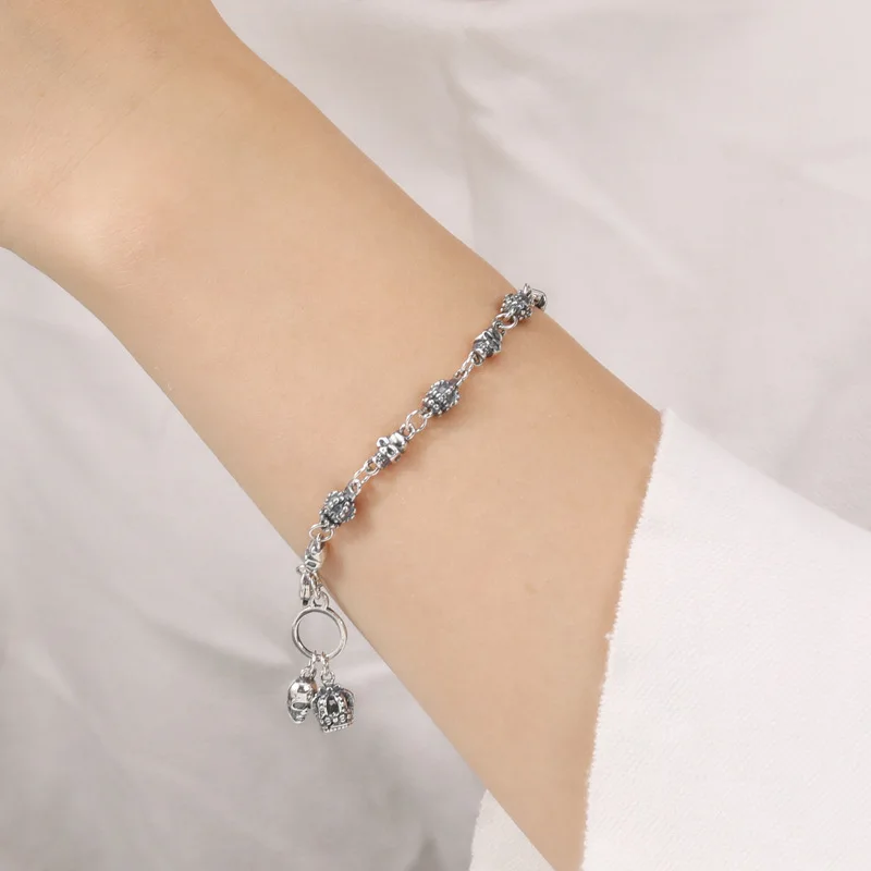 

HONGTONG 2021 Amazon Sourcing S925 Silver Skull Crown Vintage Student Couple Bracelet Luxury High Quality Bracelets