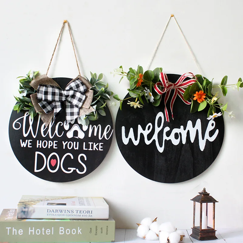 

Black Artificial Flower Welcome Sign for Front Door Decor Season Decor Christmas Round Wood Hanging Sign Decoration For Home, As picture