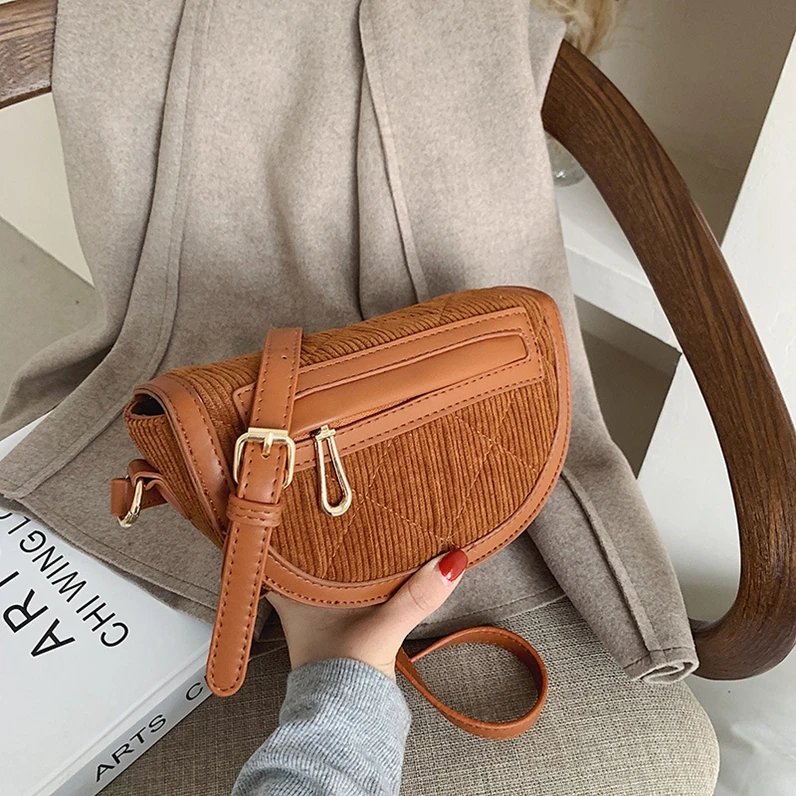 

XP1335 Texture ladies small 2021 new female temperament one-shoulder corduroy saddle bag winter solid color messenger bag