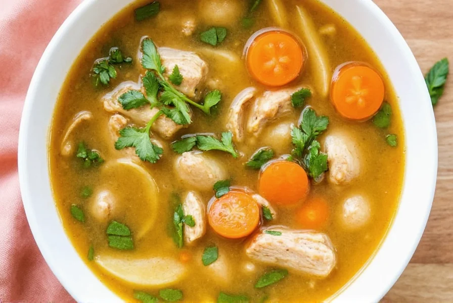Homemade chicken soup with herbs floating on top