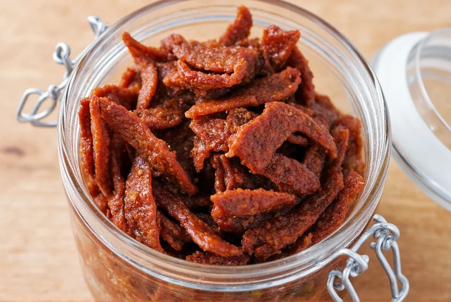 Platter of finished jerky pieces served with mustard dip