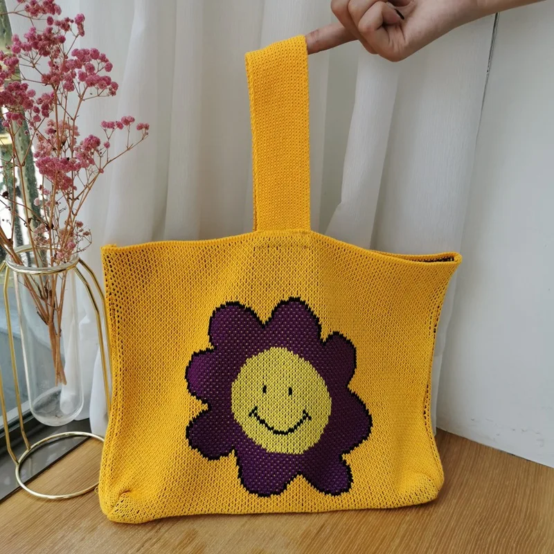 

Japanese Harajuku Chic Style Reusable Shopping Beach Clutch Cute Customized Knitted Sunflower Wrist Handbag, Customizable