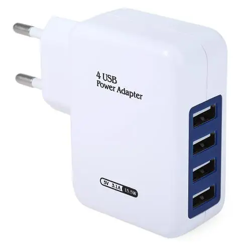 

Hot Selling 2019 5V 3.1A USB Charger 4 Ports Phone Charger EU US Plug Charger, White with blue edge