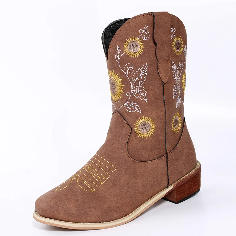 

Dropshipping Custom Logo Women's Embroidery Chunky Boots Retro Style Women Western Platform Boot Fashion Shoes Plus Size