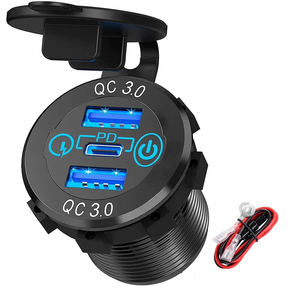 

DaierTek USB Dual 3.0 Socket PD & Two QC3.0 USB Car Outlets 12V-24V Car USB Charger with Power Switch for Car Marine