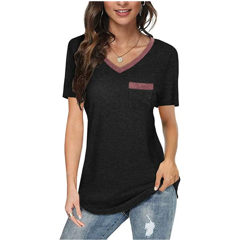 

Rummandy Summer 2021 Color Matching Versatile V-Neck Pocket Casual Loose-Fitting Sport Ladies T-Shirt, Customized colors