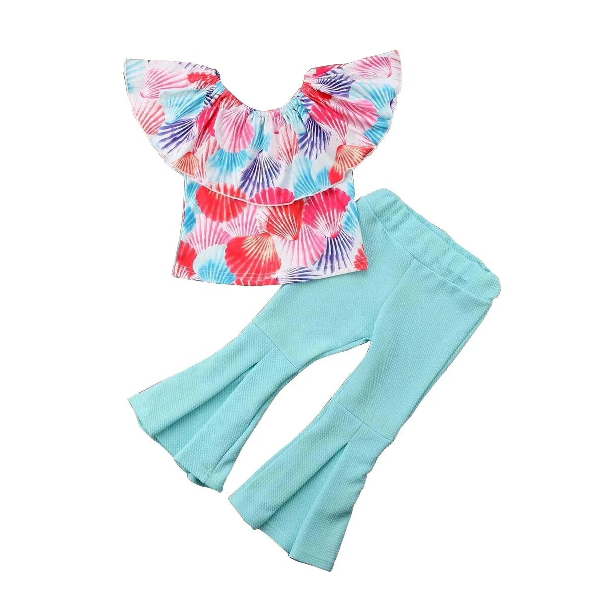 

Summer Baby Kids Clothing Seashell Printed Off Shoulder Top Matching Aqua Bell Bottom Pants Girl Clothes Sets, Customized color