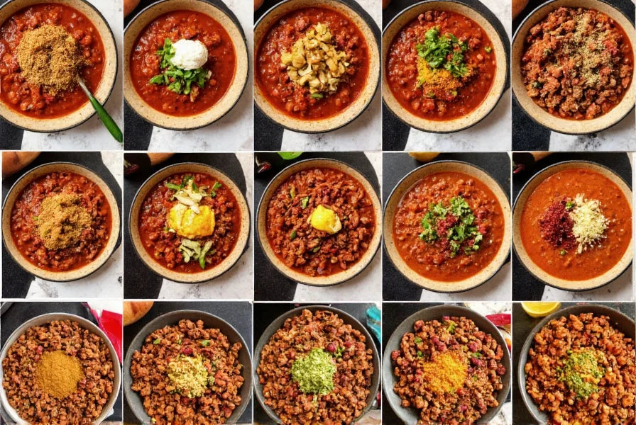25 different chili recipes in colorful bowls showing various textures and ingredients including beef, beans, and spices