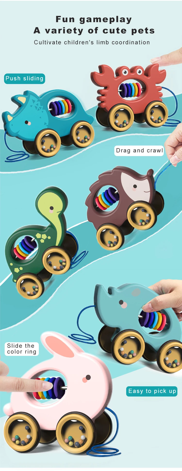 Amazon Funny Cartoon Baby Baby Guidance Intelligent Toys Animals Rolling Colorful Beads Pull LineToys