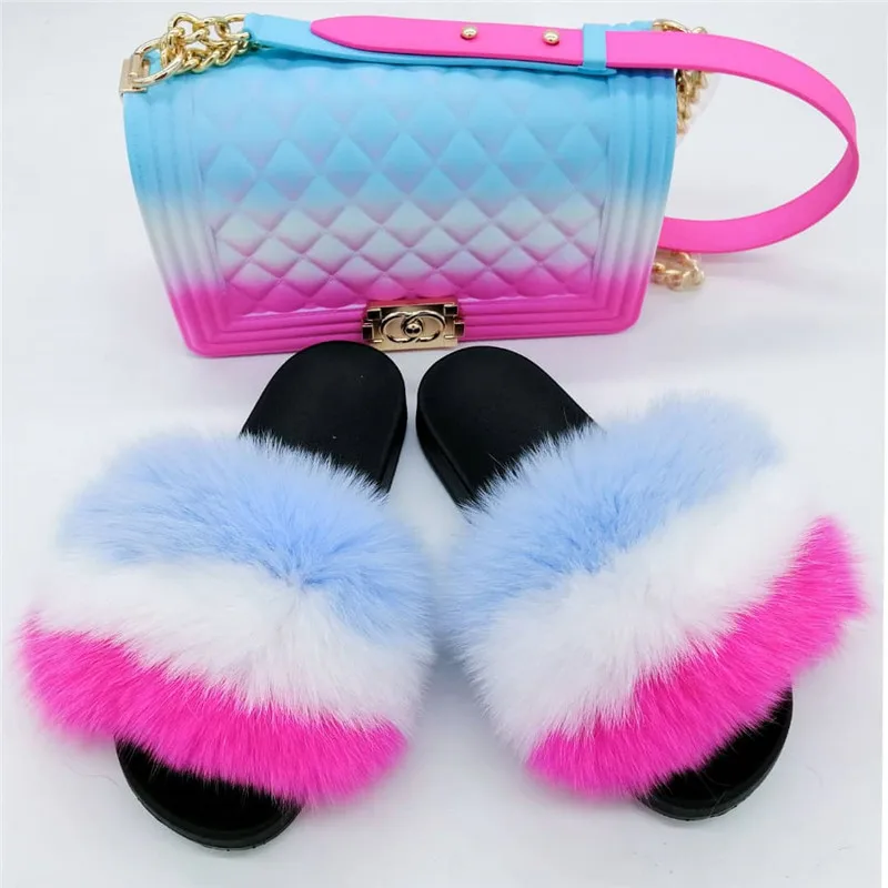 

Wholesale women fur slippers fashion handbag fox fur flat sandals PVC sole luxury lady's real fur slides with purse set, As pictures