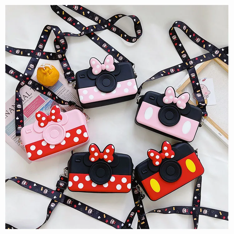 

toddler kids cartoon camera shaped bag silicone minnie mickey camera shape shoulder coin purse for girls, Pink/black/deep red