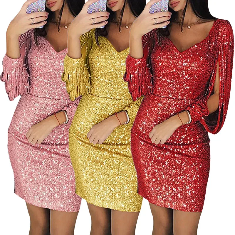 

Hot selling clothing ladies apricot fringe long sleeve shinning tassel elegant party dresses