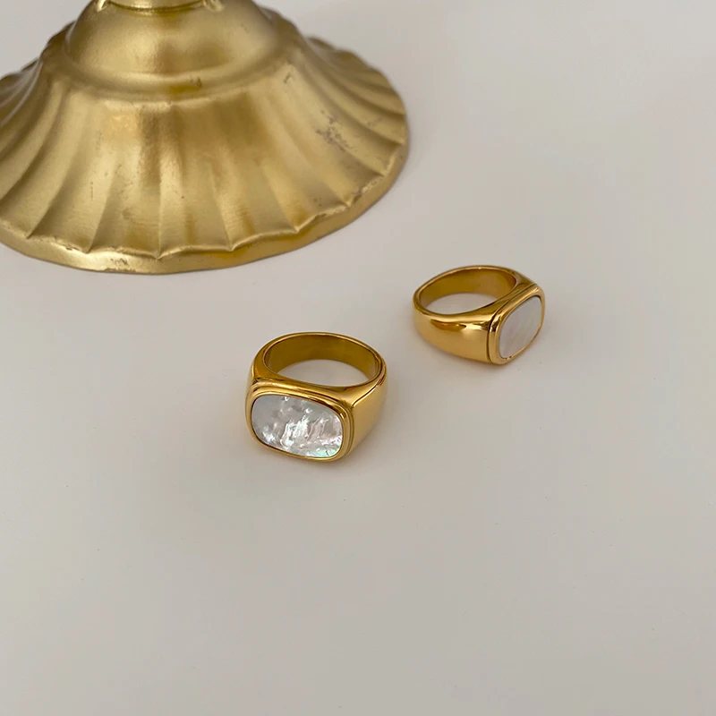 

2 Sizes Natural Shell 18K Gold Plated Rings Geometric Square Wide Chunky Rings for Women Plain Vintage Stainless Steel Jewelry
