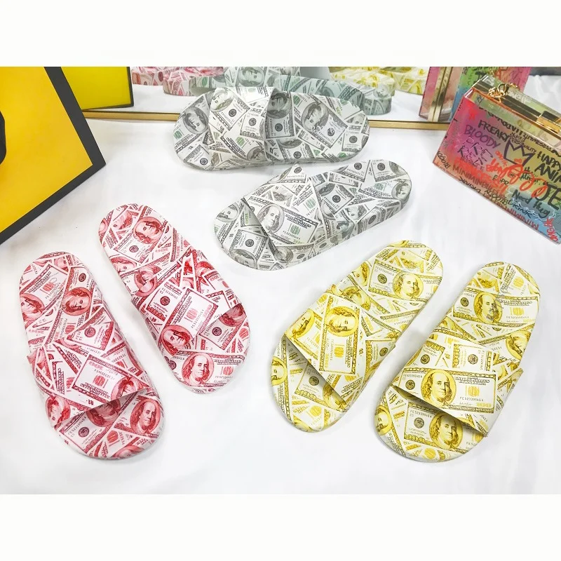 

Latest fashion USD patterns summer slides casual flat shoes wholesale money design women's slippers, Red, yellow and white