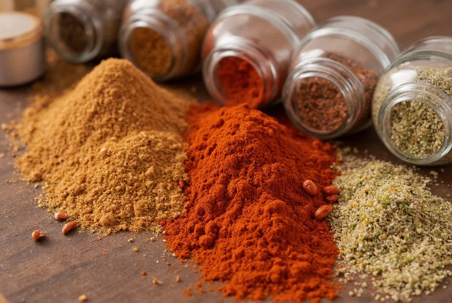Close-up of various spice jars including cumin, chili powder, and coriander arranged on wooden table