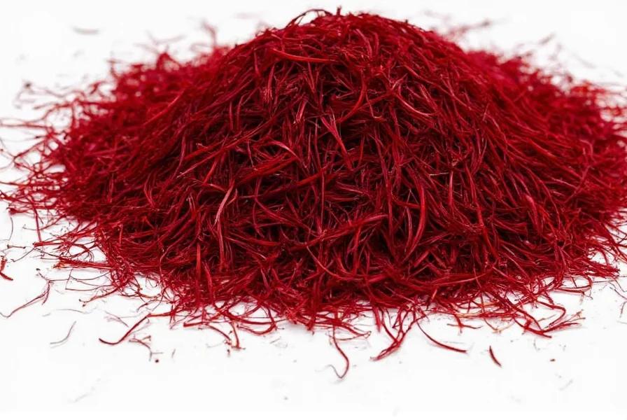 Side-by-side comparison of pure saffron threads next to common saffron adulterants like safflower and turmeric, with labeled differences
