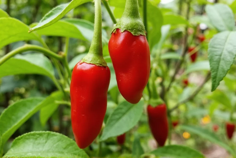 Close-up view of vibrant red cayenne peppers growing on a plant in a garden setting