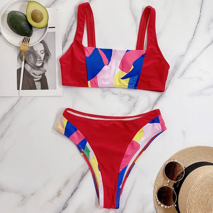 

Printed Two Piece Swimsuit Woman Beach Wear And Swimsuit Color Block Printed Two Piece Swimsuits Colorful Bikini Set -ZR, Red