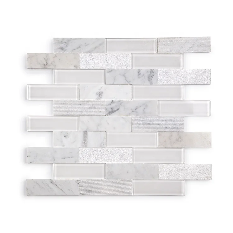 Moonight New Trendy Carrara White Ultra White Glass Scratched Hamonered Brick Glass Mosaic for Home Decoration