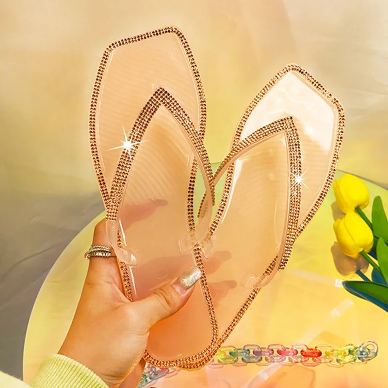 

Women Jelly Shoes Slides Bling Diamonds Summer Square Toe Clear Sandals Slippers Casual Flip Flops Wholesale Shoes, Black, nude,clear