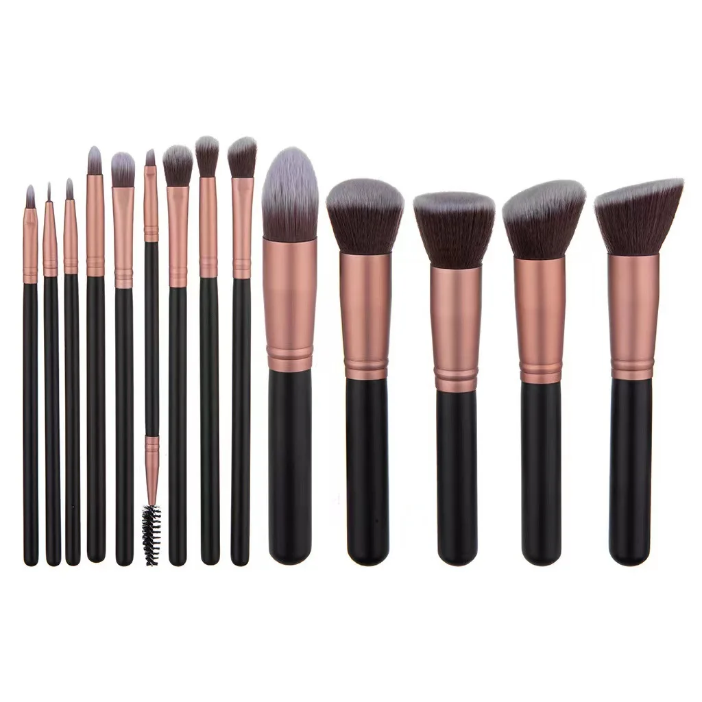 

Synthetic Nylon Hair Wooden Handle LOW MOQ Hot Selling Makeup Brush Sets With bag 14pcs Black Foundation Eyebrow Makeup Brushes