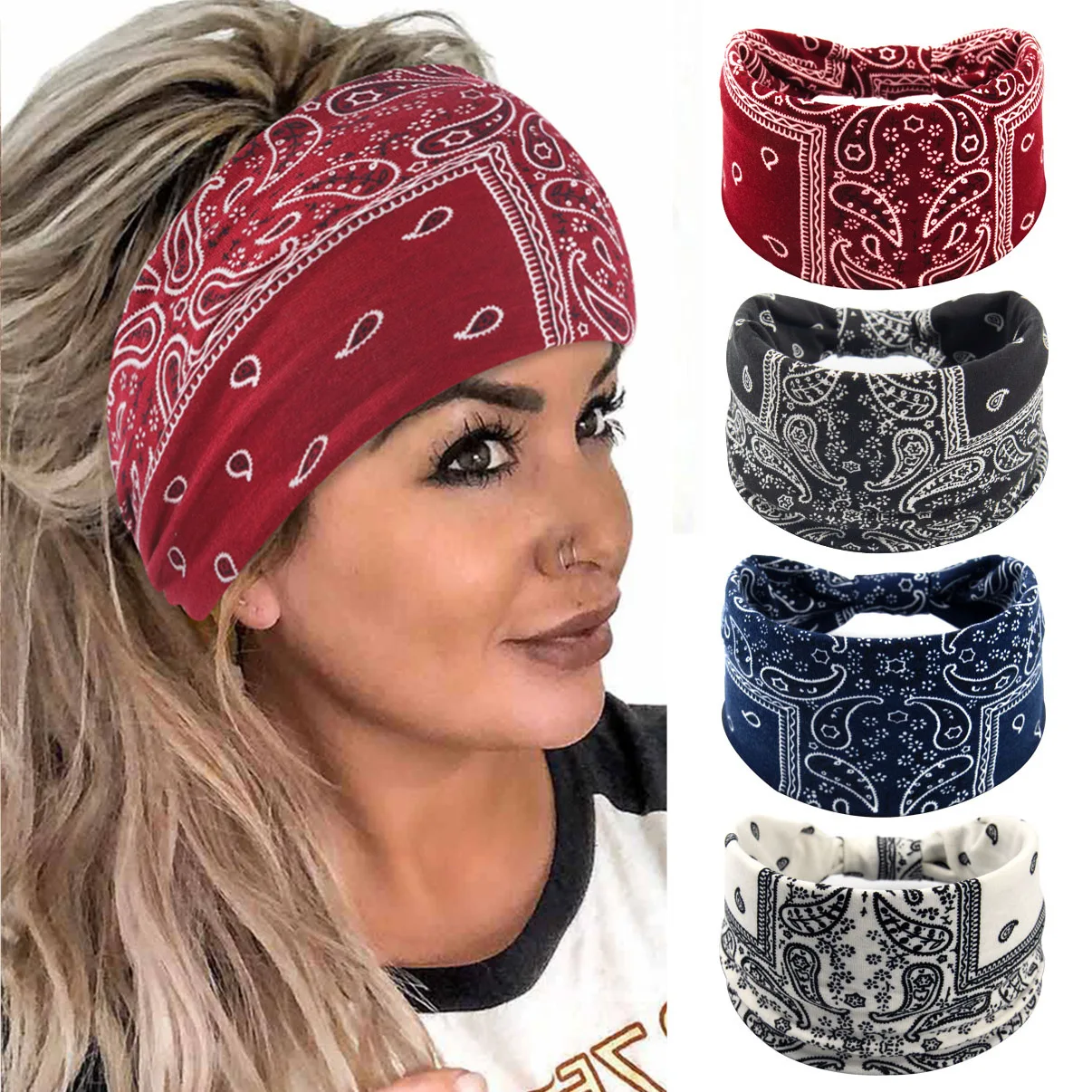 Sport Yoga Print Geometric Elastic Turban Head Wrap Wide Knotted Hair Bands Boho Bandana Paisley Headbands Polyester Stretchable