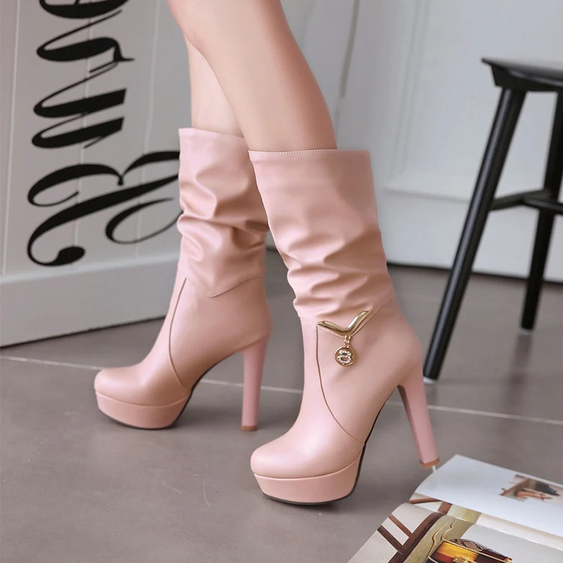 

Lady Winter Mid-Calf Boots High Heel Sexy Pink Women Boot, Black/white/blue/pink