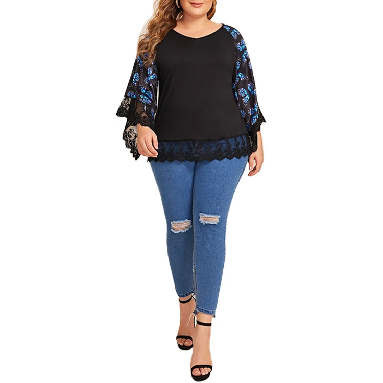 

Fashion Custom Plus-size Butterfly Printed Tops Ladies' Blouses Designs Long Sleeve Lace Women Blouses Shirt / Blouse for Women