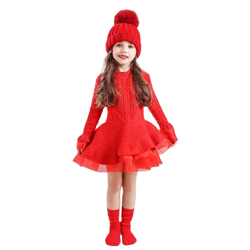 

2020 Winter Knitted Chiffon Girl Dress Christmas Party Long Sleeve Children Clothes Kids Dresses For Girls New Year Clothing