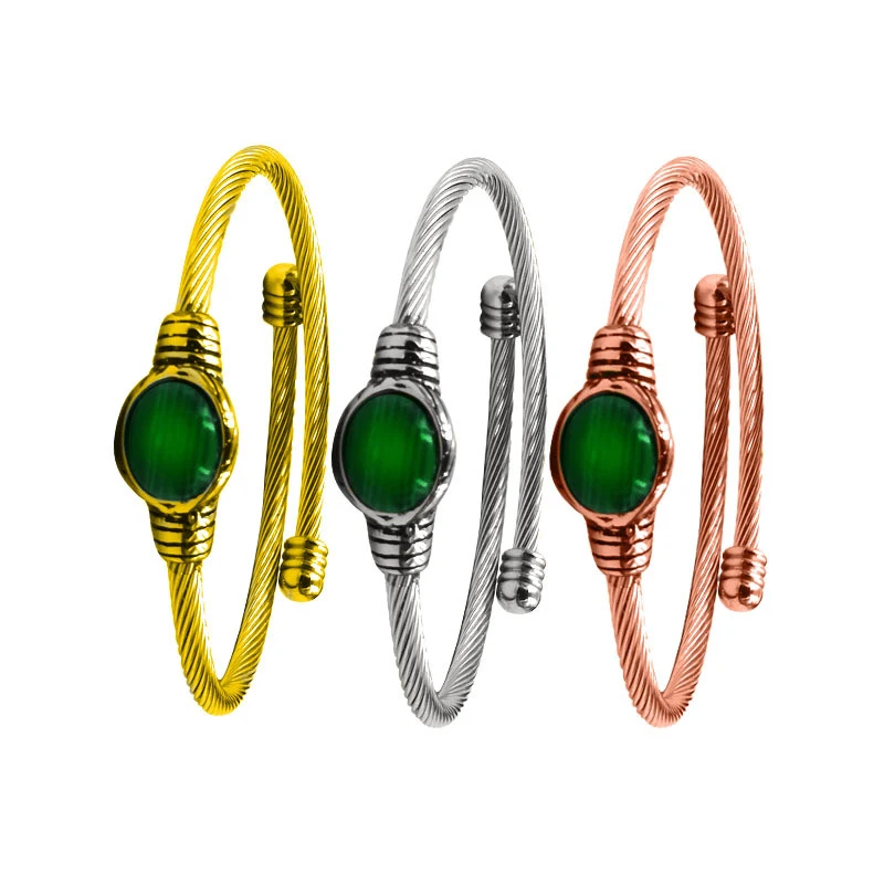 

India Natural Jade Green Stone Twisted Cable Wire Cuff Bangle Wholesale