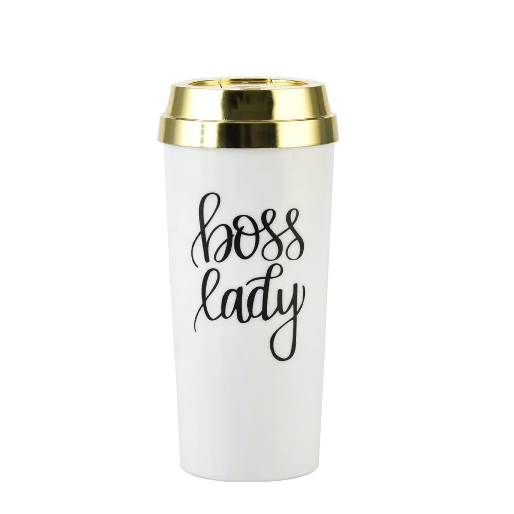 

2021 BPA Free Boss Lady Coffee Mug 16OZ Double Wall Acrylic Travel Mug With Gold Slip Lid, Customed color