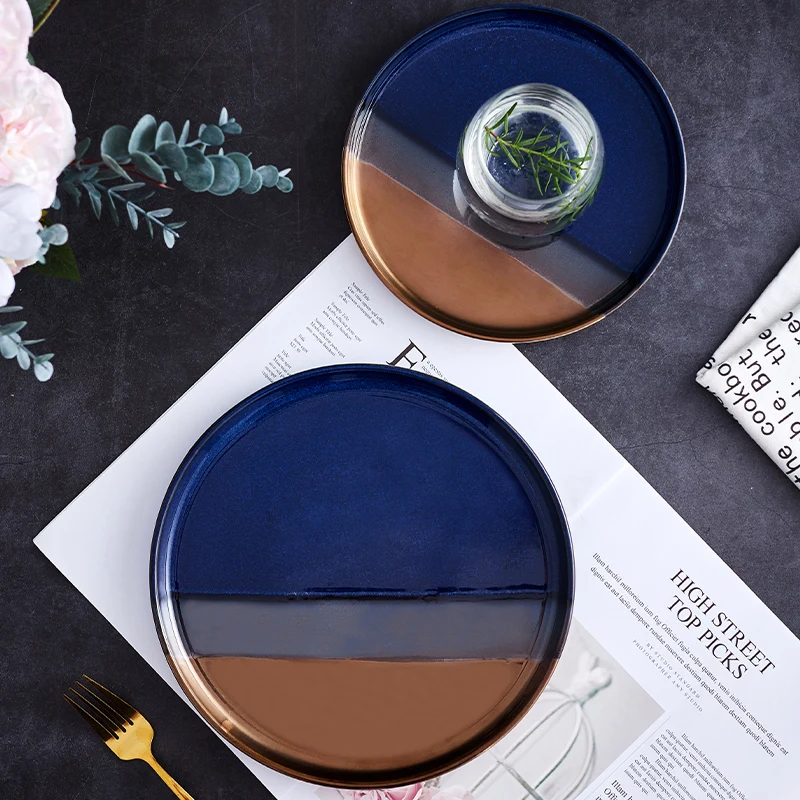 

Royal Golden & Sapphire Blue Ceramic Dinner Plate Modern Japanese Porcelain Tableware, Flambed glazed