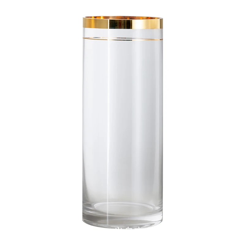Custom Gold Rim Transparent Cylinder Shape Wedding Glass Vases Wholesale Home Decoration