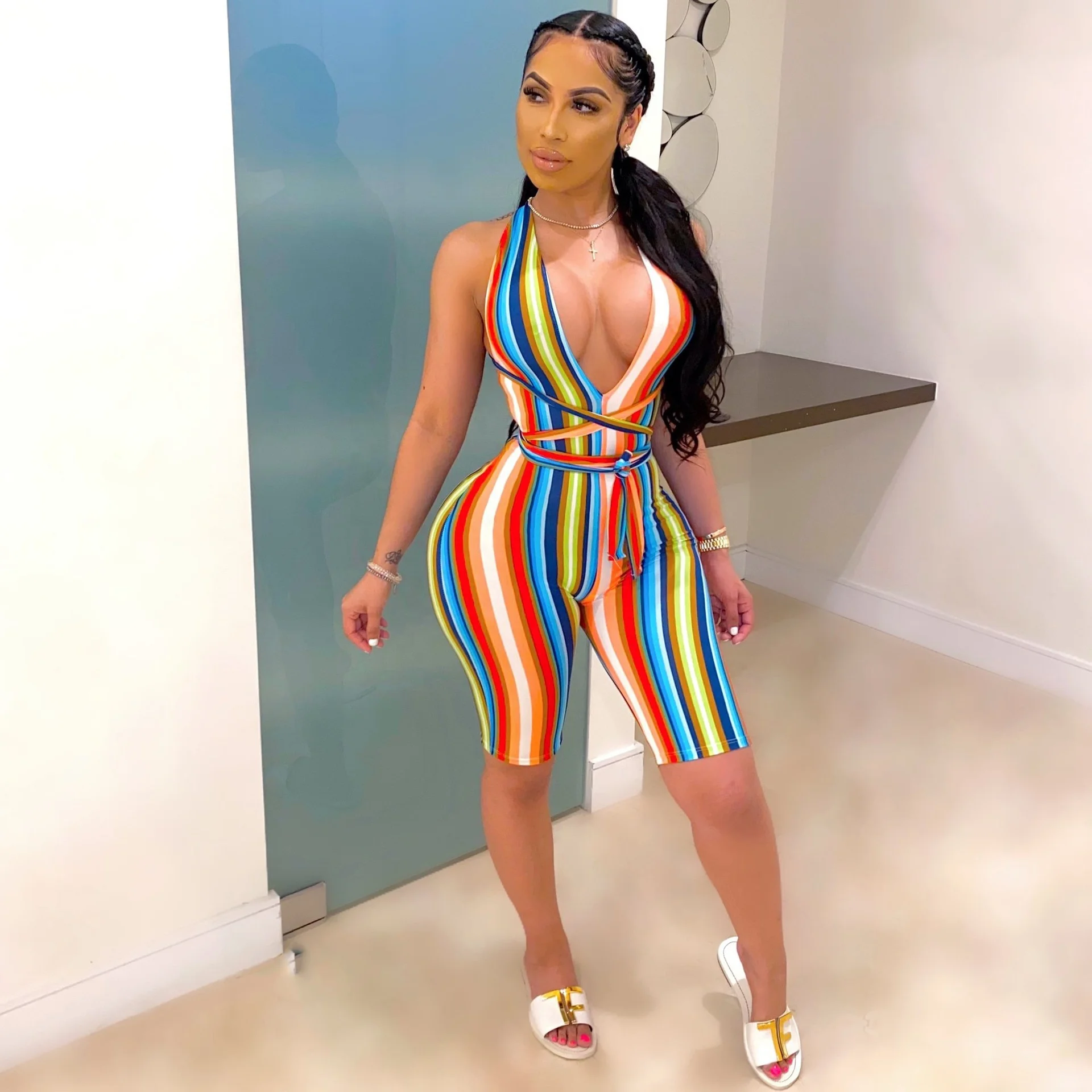 

2021 Wholesale Summer Rainbow Color Sleeveless High Waist Bodycon Strappy Jumpsuit For Women