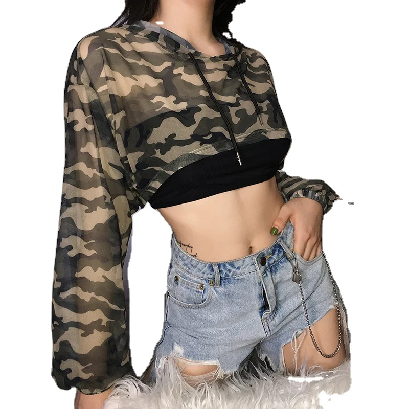 

Sexy Mesh Camouflage Print Long Sleeve hooded Fashion Womens Short Crop Pullover