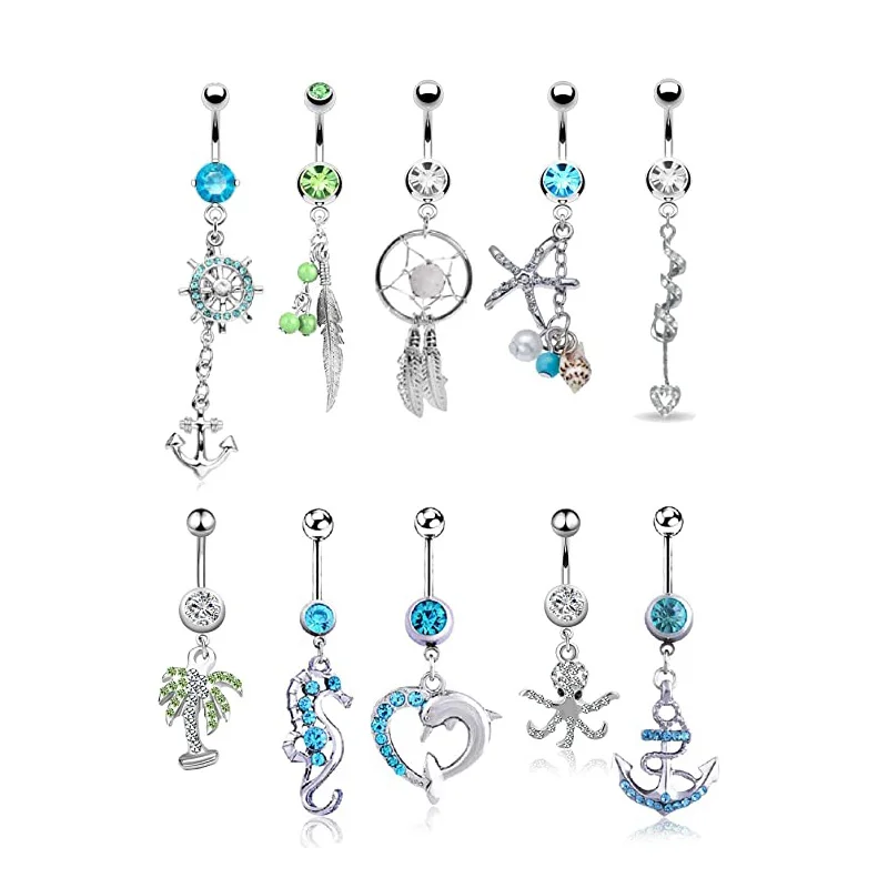 

10Pcs/Set Summer Beach Marine Life 316L Surgical Steel Jewelry Curved Navel Piercing Belly Rings For Women Girls, Silver,rose gold