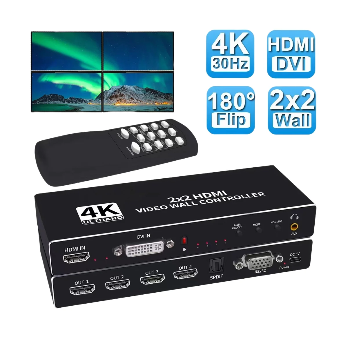 

2x2 HDMI DVI TV Video wall Controller Processor 1X2 1X4 1X3 2X3 3x3 3x2 multi video screen processor switcher splicer 180 Flip